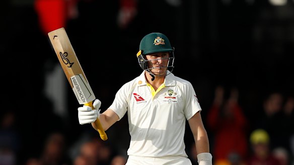 Marnus Labuschagne acknowledges the crowd after reaching 50.