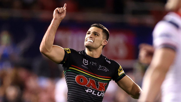Nathan Cleary celebrates a field goal.