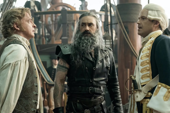 Waititi plays pirate captain Blackbeard, centre, in Our Flag Means Death, with Rhys Darby, left, and Rory Kinnear.