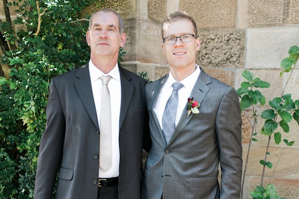 Nat Stewart, right, on his wedding day in Sydney at The Rocks in 2017 with Brian Murphy.