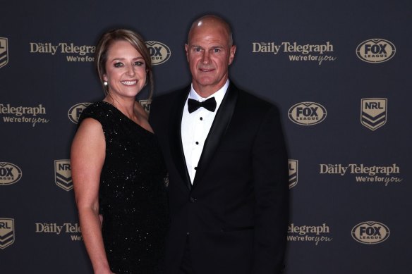 SYDNEY, AUSTRALIA - SEPTEMBER 28: Eels coach Brad Arthur and his wife Michelle arrive ahead of the 2022 Dally M Awards at The Winx Stand, Royal Randwick Racecourse on September 28, 2022 in Sydney, Australia. (Photo by Jason McCawley/Getty Images)