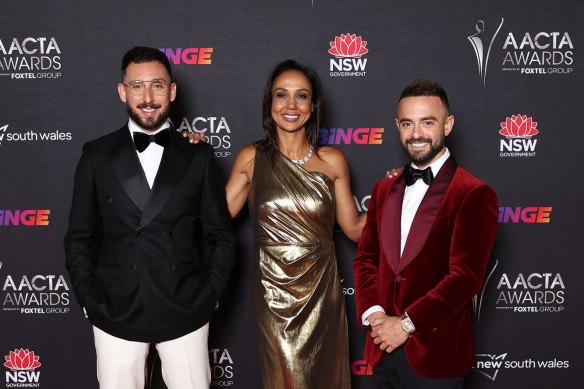 Simon Cohen (left) with fellow Luxe Listings Sydney stars D’Leanne Lewis and Gavin Rubinstein at the 2021 AACTA awards.