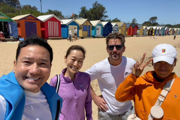 Yutaka Nakamura (from left), Natsuko Mogi, Wim Fissette and Naomi Osaka at Brighton Beach.