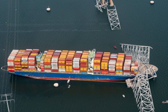 The Dali container vessel after striking the Francis Scott Key Bridge.