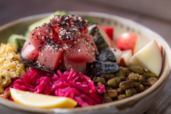 Peter Rabbit’s vibrant Rabbit Bowl, with tuna sashimi, rice, cucumber, pickled cabbage, miso, edamame and charred corn.