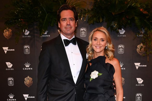 Outgoing AFL boss Gillon McLachlan and wife Laura McLachlan (who also uses the surname Blythe) attend the 2022 Brownlow Medal.