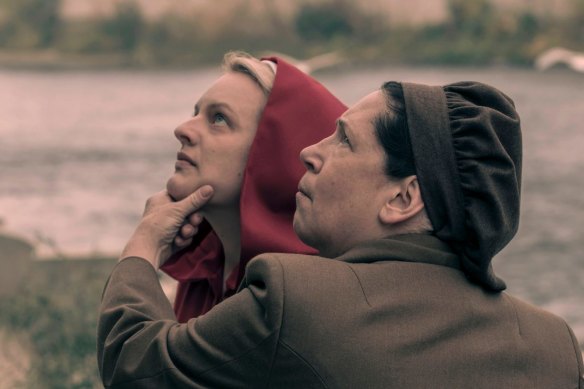 As brainwashing enforcer Aunt Lydia with June (Elisabeth Moss) in The Handmaid's Tale.