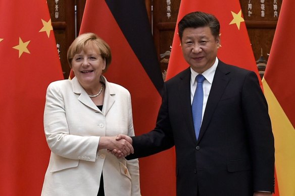 Chinese President Xi Jinping with German Chancellor Angela Merkel in 2016.