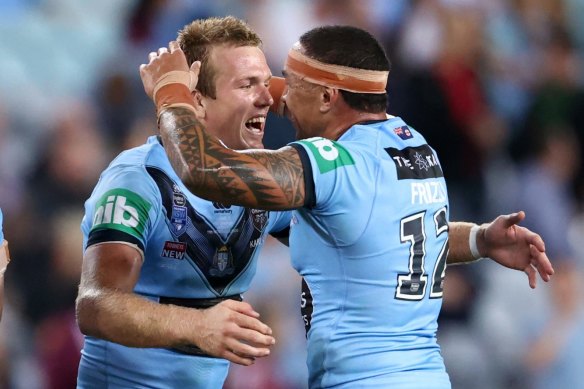 Tyson Frizell and Jake Trbojevic celebrate at the final whistle.
