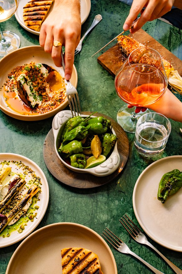 Charred shishito peppers. 