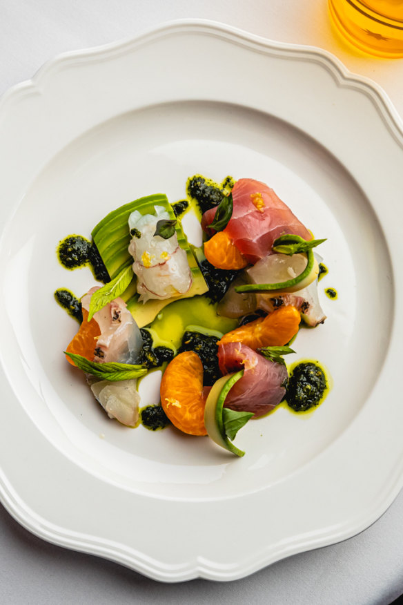 Crudo of snapper with basil pistachio pesto.