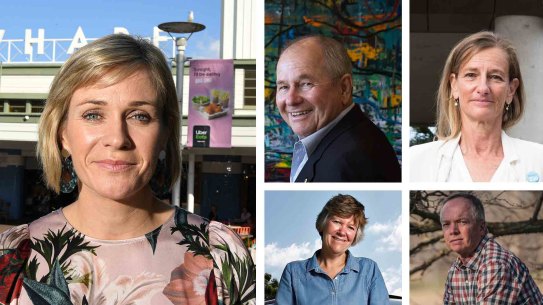 Clockwise from left: Federal MP for Warringah Zali Steggall and key supporters Neil Balnaves, Anna Josephson, Robe Purves and Sally Perini. 
