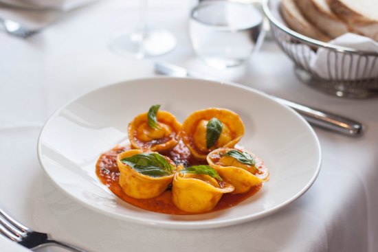 Tortelli filled with prawn mousse.