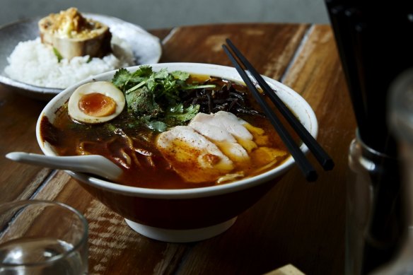 The chilli chicken and coriander ramen at Chaco Ramen.