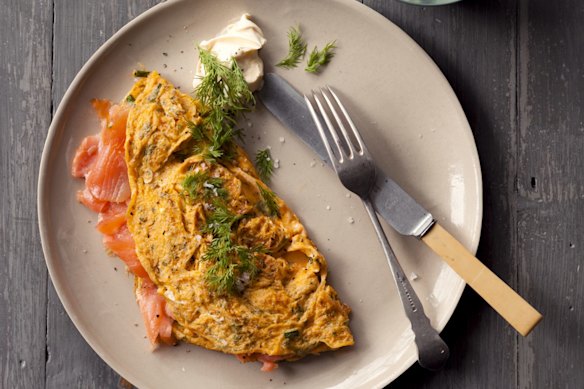 Jill Dupleix’s classic omelette with smoked salmon. 