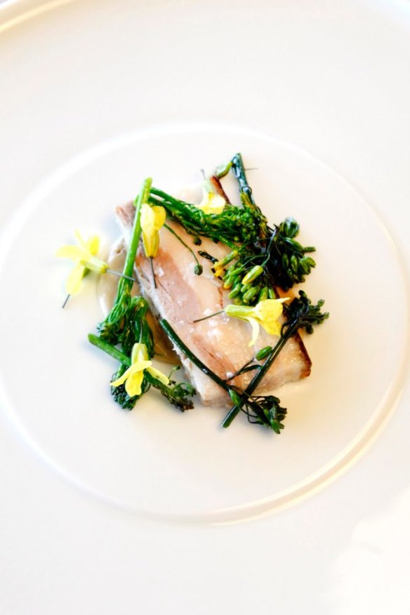 Butter poached pork belly, hay and broccoli.