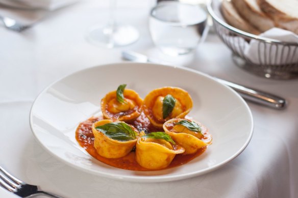 Tortelli filled with prawn mousse.