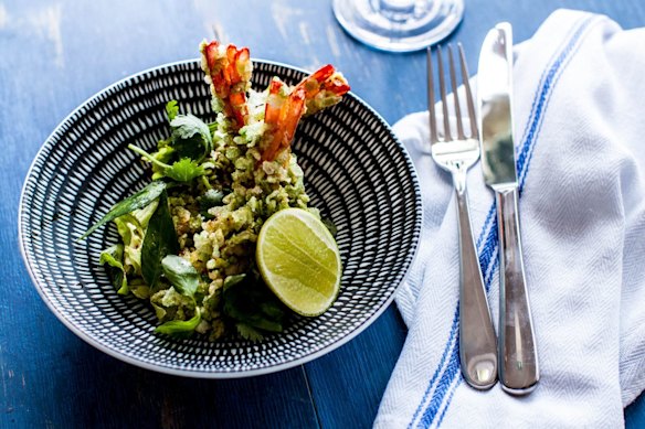 Green rice crumbed prawns.
