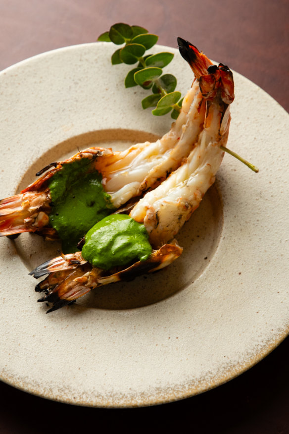 Skull Island prawns with native greens paste and strawberry gum.