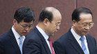 China’s Deputy Minister of Foreign Affairs Ma Zhaoxu (right) and China’s ambassador to Australia Xiao Qian (centre) DFAT headquarters in Canberra with a Chinese delegation.