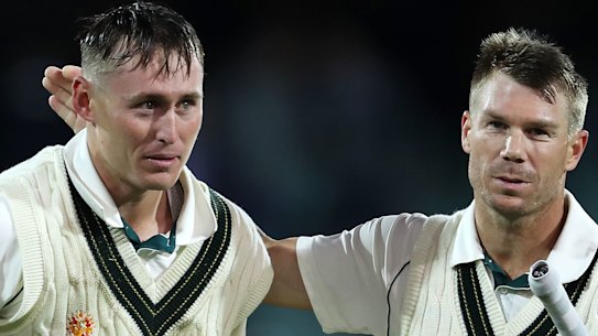 Australia's winning combination Marnus Labuschagne, left, and David Warner.