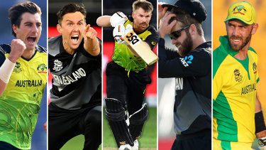 Pat Cummins (left), David Warner (centre) and Glenn Maxwell all have IPL contracts worth more than the entire Black Caps T20 side, with Trent Boult (second from left) and Kane Williamson (second from right) just two of three New Zealand layers being paid more than $500,000.
