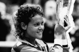 Elation for the new women’s singles champion in 1980, Evonne Cawley.