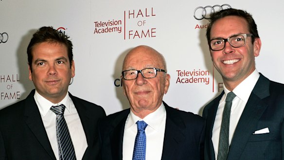 News Corp. executive chairman Rupert Murdoch, center, and his sons, Lachlan, left, and James Murdoch .