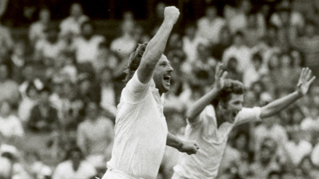 Ian Botham and Bob Willis celebrate England's triumph in 1982.