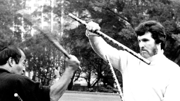 American Kung Fu expert Dan Inosanto sparring with filmmaker Walt Missingham (right) in Sydney in 1987.