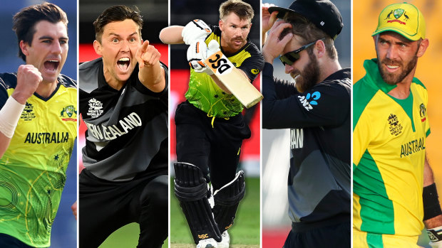 Pat Cummins (left), David Warner (centre) and Glenn Maxwell all have IPL contracts worth more than the entire Black Caps T20 side, with Trent Boult (second from left) and Kane Williamson (second from right) just two of three New Zealand layers being paid more than $500,000.