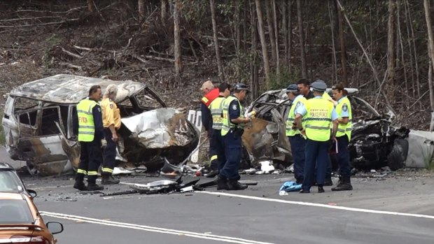 The wreckage of the crash that claimed the lives of four members of the Falkholt family and the driver of the other vehicle.