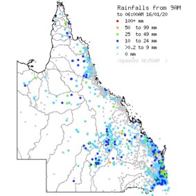 Queensland rainfall map from 9am on Wednesday to 6am on Thursday.