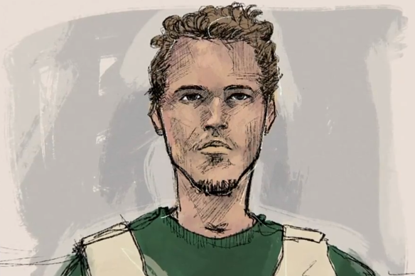 A court sketch of Harrison Hilton-Taylor who has been remanded in custody over the death of Spiros Filidis.