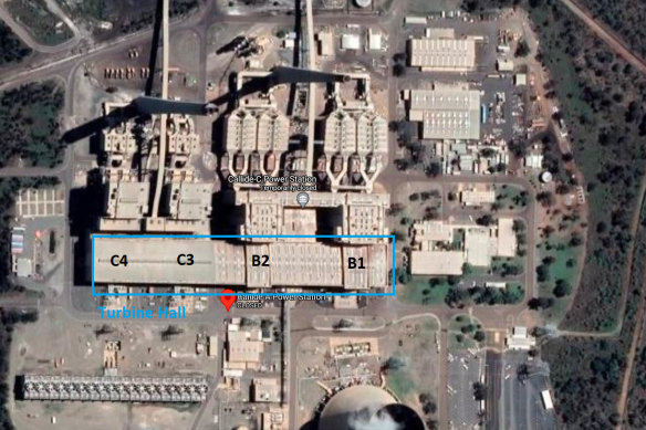 Satellite image of Callide power station with four units from Callide B and C in the one turbine hall.