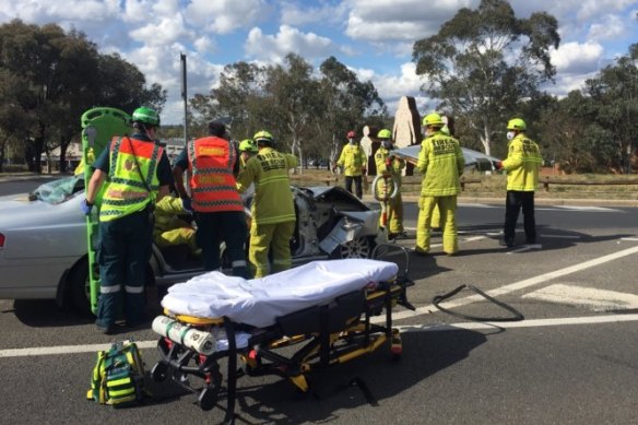 ACT Fire & Rescue and ACT Ambulance Service on scene at a two-vehicle crash on the corner of Brierly Street and Hindmarsh Drive, Weston.