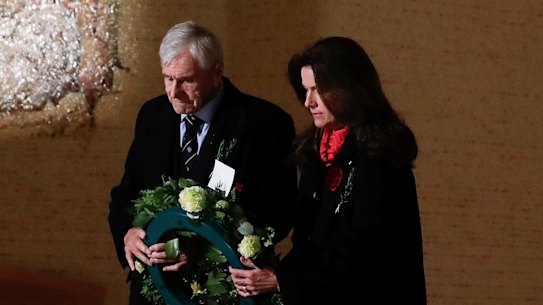Chair of the Australian War Memorial Kerry Stokes and Christine Simpson Stokes lay  a wreath at the Tomb of the Unknown Australian Soldier in Canberra on Saturday morning.