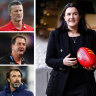 AFL football manager Laura Kane (centre) and coaches: (left, top to bottom) Damien Hardwick (Gold Coast), Ross Lyon (St Kilda), Chris Scott (Geelong) and (right) Luke Beveridge (Western Bulldogs), Adam Simpson (West Coast) and Michael Voss (Carlton).