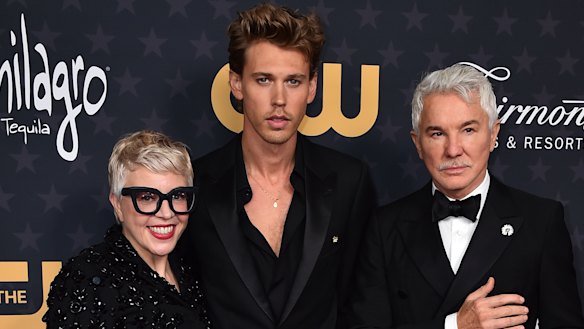 Catherine Martin with Austin Butler and Baz Luhrmann at the Critics Choice Awards in Los Angeles in January.