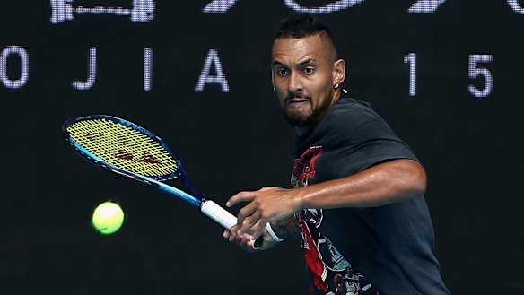 Nick Kyrgios practices in Melbourne on Saturday.