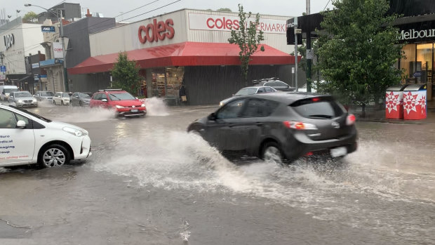 Flash flooding on Glenferrie Road in Hawthorn.