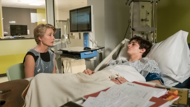 Emma Thompson as Judge Maye and Fionn Whitehead as Adam, who has been diagnosed with leukemia, in The Children Act.