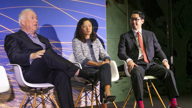 Jack Cowin, executive chairman and managing director, Competitive Foods Australia, Joanna Lau, founder and CEO of Lau Technologies and Roger Park, EY Americas Innovation Leader speak at the EY World Entrepreneur of the Year in Monaco.