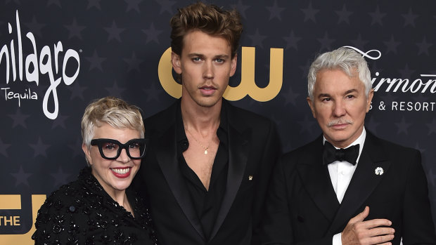 Catherine Martin with Austin Butler and Baz Luhrmann at the Critics Choice Awards in Los Angeles in January.