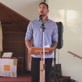 Folau speaks at church on Sunday.