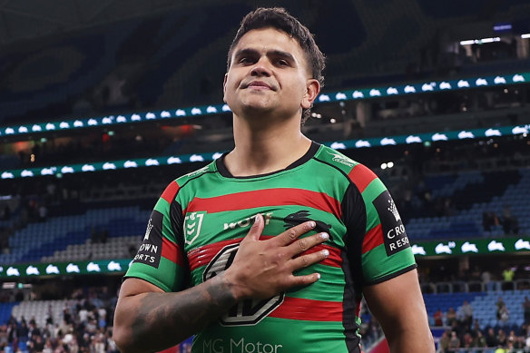 Latrell Mitchell soaks up South Sydney’s elimination final victory over the Roosters on Sunday.
