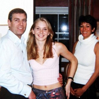 Prince Andrew pictured with Virginia Roberts in 2001 at the Belgravia townhouse of Ghislaine Maxwell (at right).