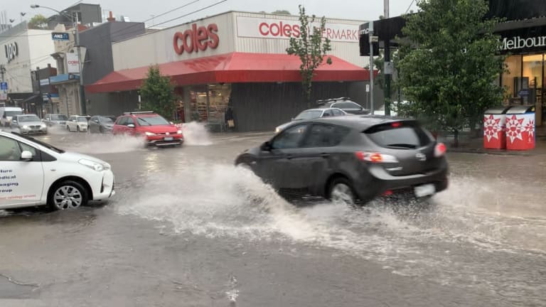 Flash flooding on Glenferrie Road in Hawthorn.