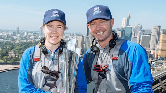 Former Australian captains Alex Blackwell and Michael Clarke atop the Sydney Harbour Bridge on Tuesday morning.