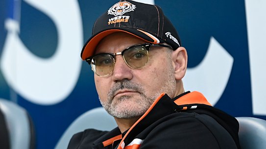 Tigers CEO Justin Pascoe and chairman Lee Hagipantelis look on during the 74-0 flogging in North Queensland.